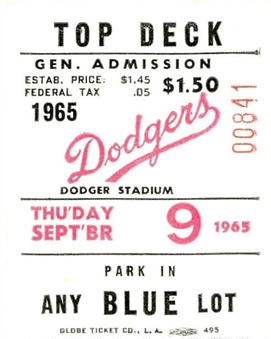1965 Sandy Koufax Perfect Game Ticket Stub 9/9/65